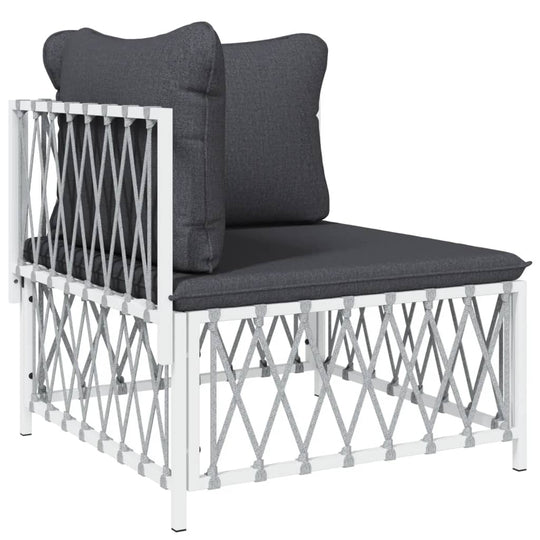 Stylish white steel lounge chair with dark cushions, perfect for outdoor furniture and garden spaces.