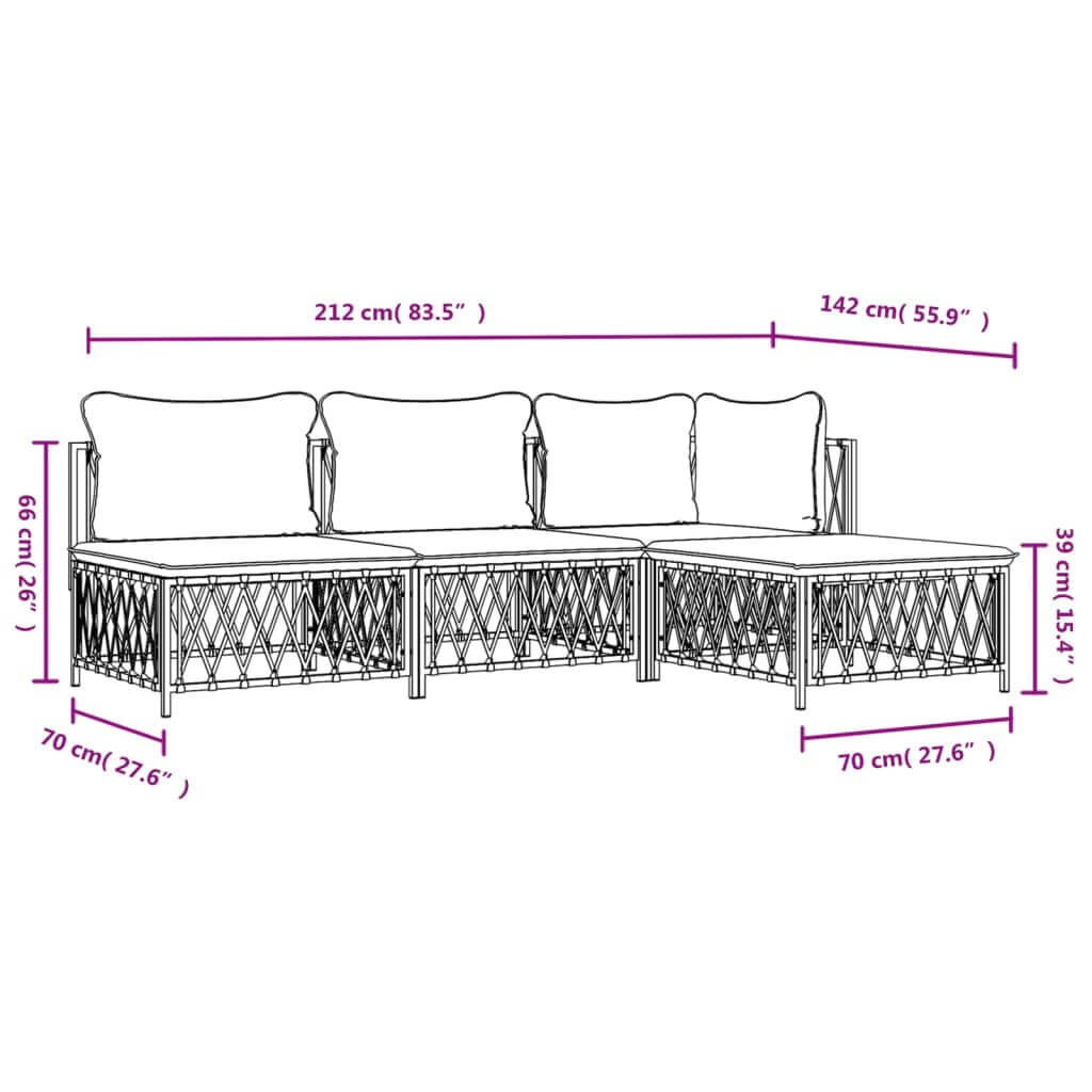 Dimensions of a 4 Piece Garden Lounge Set with Cushions, showcasing white steel frame and woven fabric details.