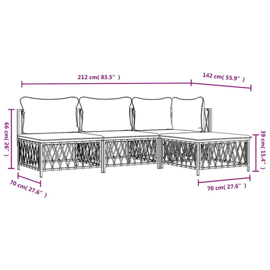 Dimensions of a 4 Piece Garden Lounge Set with Cushions, showcasing white steel frame and woven fabric details.