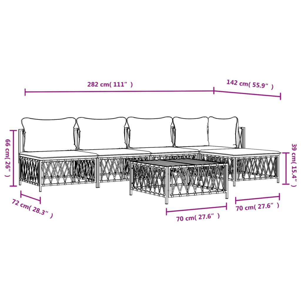 Dimensions of a 6 Piece Garden Lounge Set with Cushions, showcasing outdoor furniture in stylish anthracite steel.