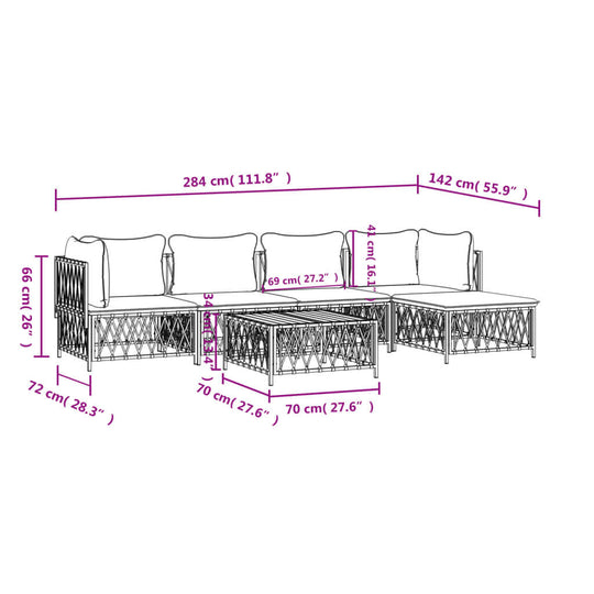 Dimensions of 6 Piece Garden Lounge Set with Cushions in anthracite steel, showcasing sizes for sofa and coffee table.