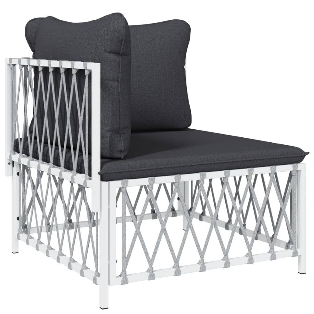 Comfortable lounge chair with dark cushions and sturdy white steel frame, perfect for outdoor furniture setups.