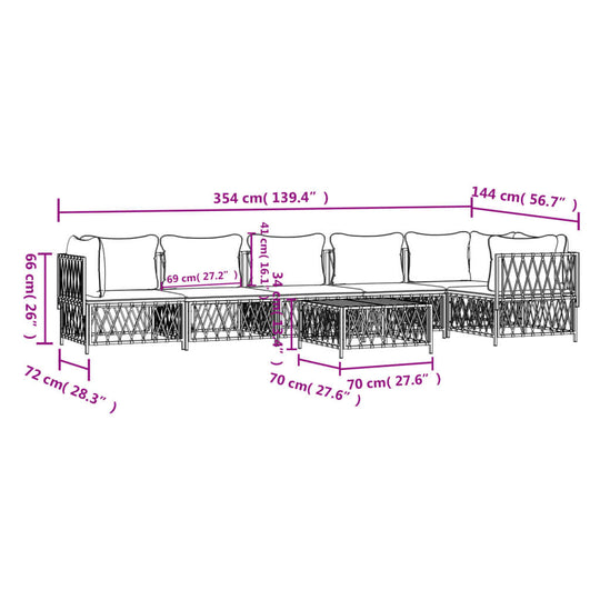 Dimensions of a 7 piece garden lounge set with cushions, showcasing layout and measurements for outdoor furniture.