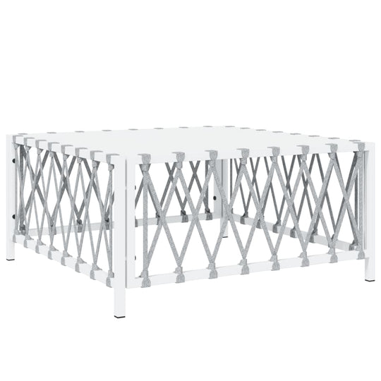 White steel garden coffee table with woven design, perfect outdoor furniture for lounging and relaxing.