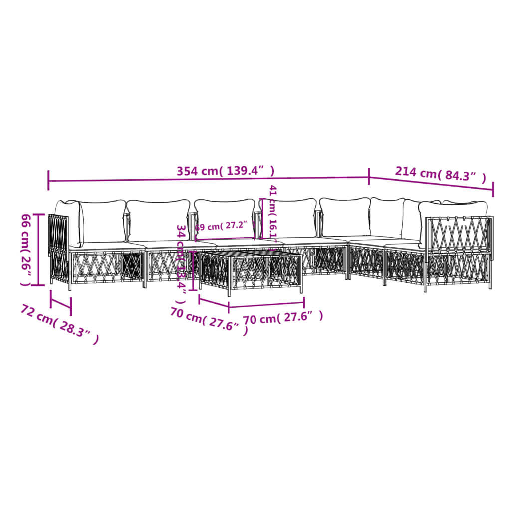 Dimensions of an 8-piece garden lounge set with cushions, showcasing its layout and size for outdoor furniture planning.