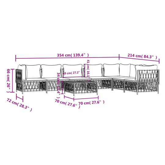 Dimensions of an 8-piece garden lounge set with cushions, showcasing its layout and size for outdoor furniture planning.