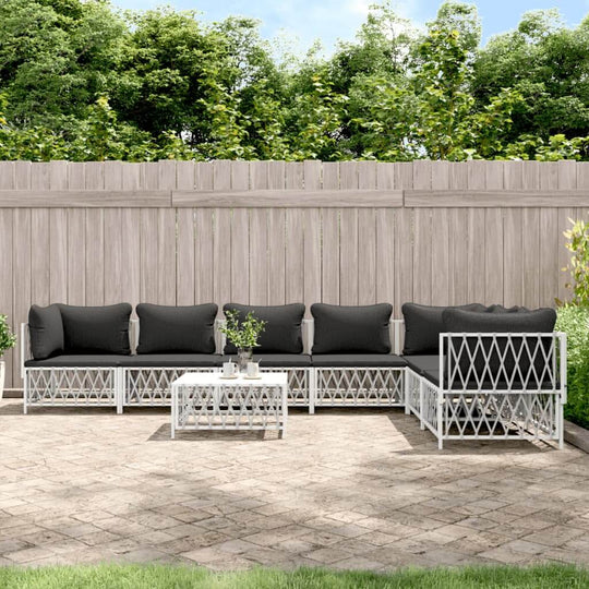 8 piece outdoor lounge set with black cushions and white steel frame, perfect for garden furniture and relaxation.