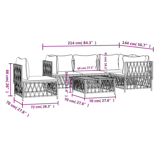 Dimensions diagram of a 6 piece garden lounge set with cushions, featuring stylish design and sturdy frame for outdoor use.