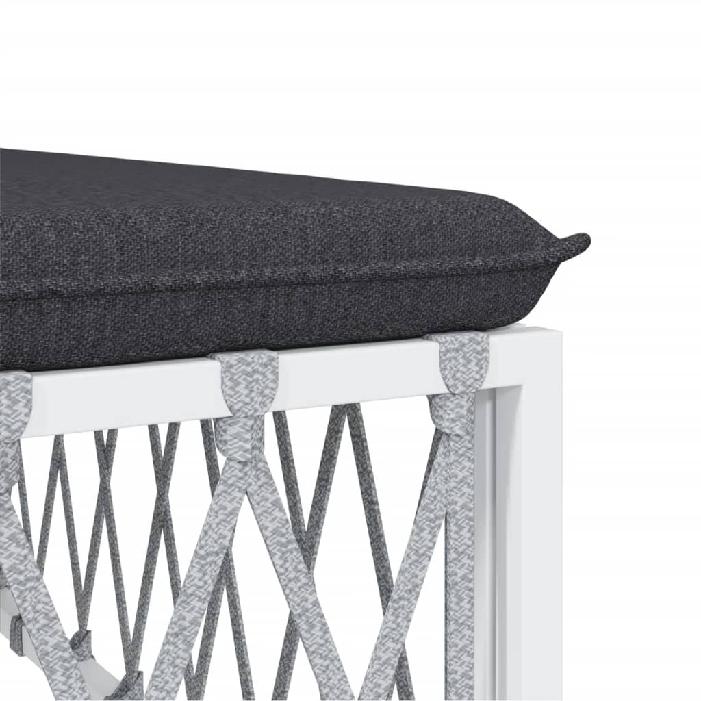 Close-up of the cushion on a white garden lounge set, showcasing durable woven fabric and sturdy steel frame details.