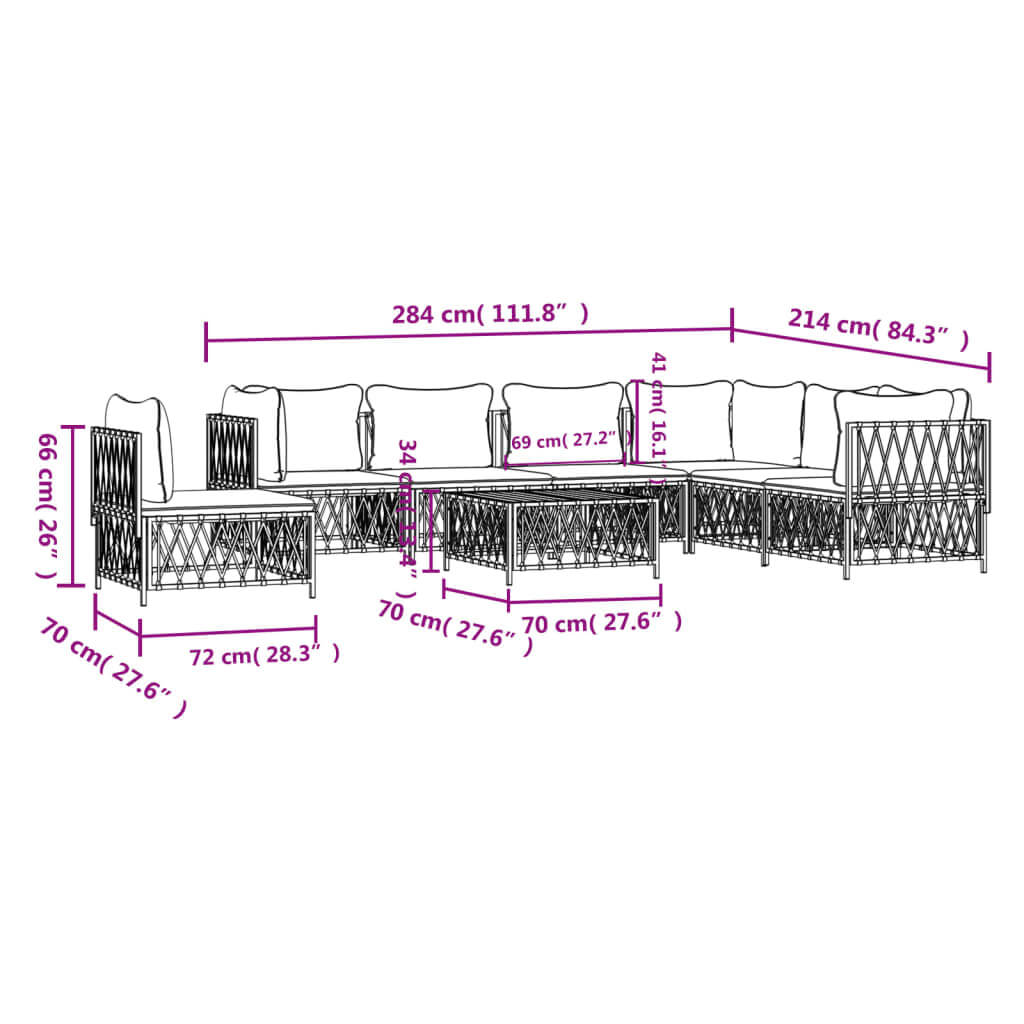 Dimensions of 8 Piece Garden Lounge Set with Cushions in white steel, showcasing furniture size and layout for outdoor spaces.