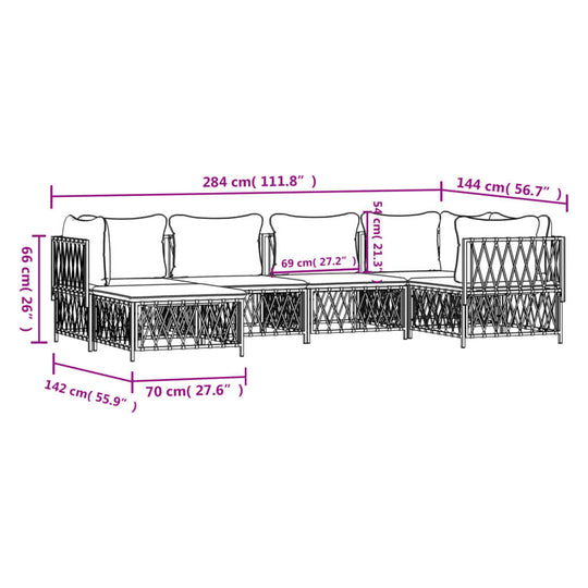 Dimensions of a 6 piece garden lounge set with cushions, showcasing stylish outdoor furniture for comfort and versatility.