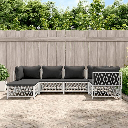 6 piece garden lounge set with black cushions and white steel frame, perfect for outdoor relaxation and entertaining.