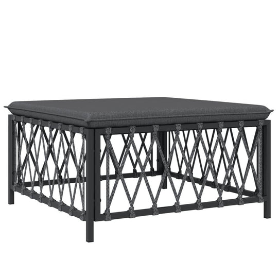 Stylish square outdoor coffee table with cushioned top and durable black steel frame, perfect for garden lounge sets.