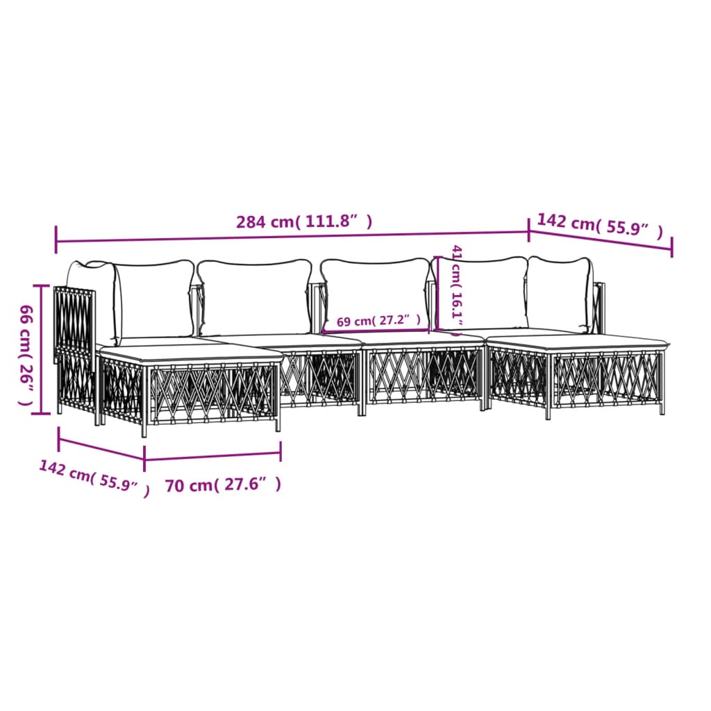 Dimensions of 6 Piece Garden Lounge Set with Cushions in Anthracite Steel, showing layout and measurements for outdoor furniture.