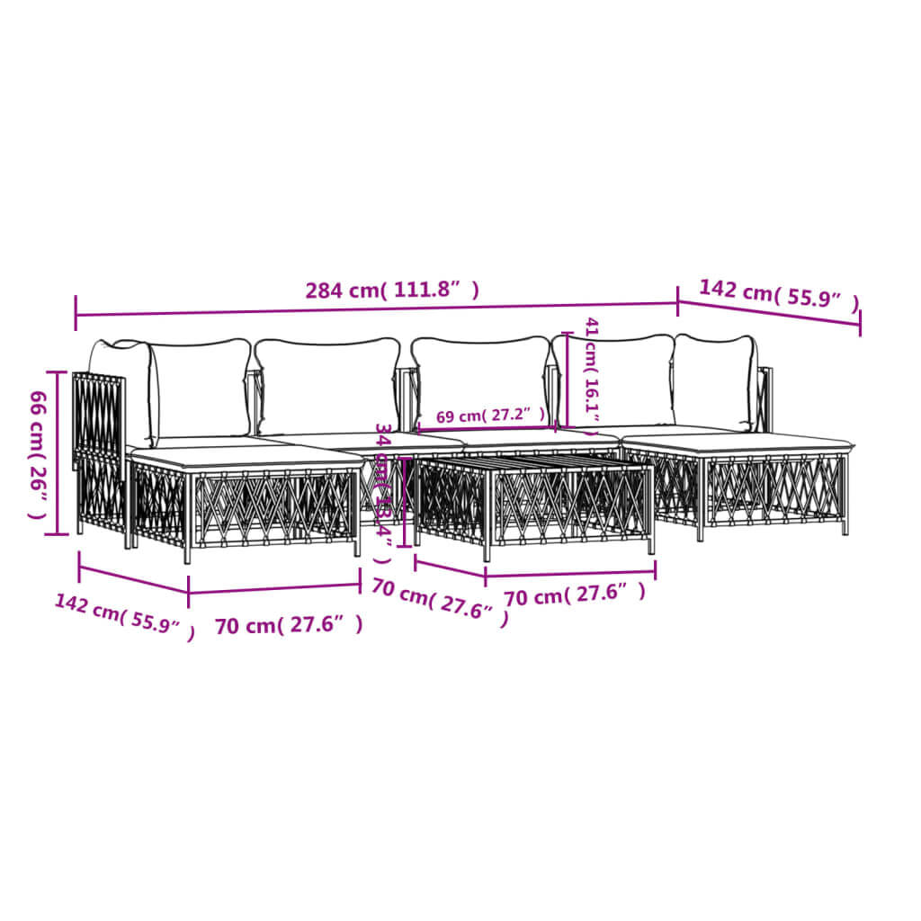 Dimensions of 7 Piece Anthracite Steel Garden Lounge Set with Cushions, showcasing spacious seating layout and design.