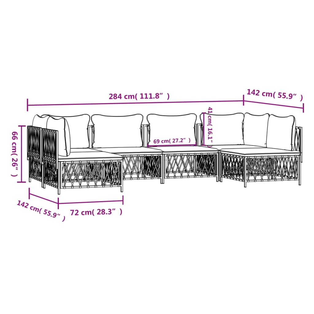 Dimensions and layout diagram of 6-piece garden lounge set with cushions in white steel, showcasing outdoor furniture design.