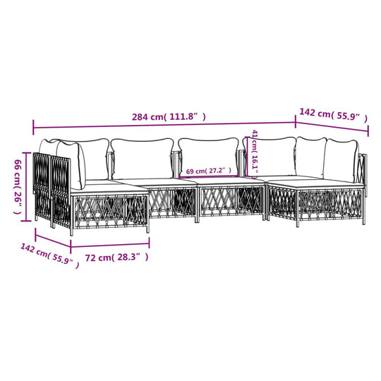 Dimensions and layout diagram of 6-piece garden lounge set with cushions in white steel, showcasing outdoor furniture design.