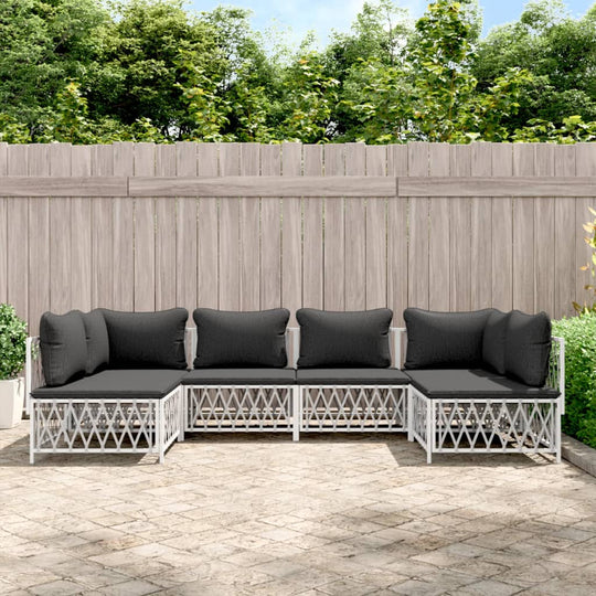 6-piece garden lounge set with gray cushions, white steel frame, and a natural outdoor setting. Perfect for outdoor furniture needs.