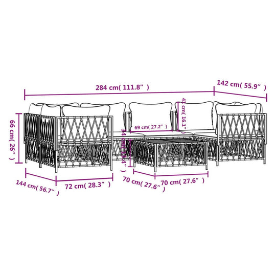 Dimensions of a 7 piece garden lounge set with cushions, showcasing layout and measurements in centimeters.