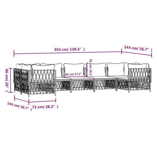 Dimensions of a 7 Piece Garden Lounge Set with Cushions, showcasing its spacious layout and design details.