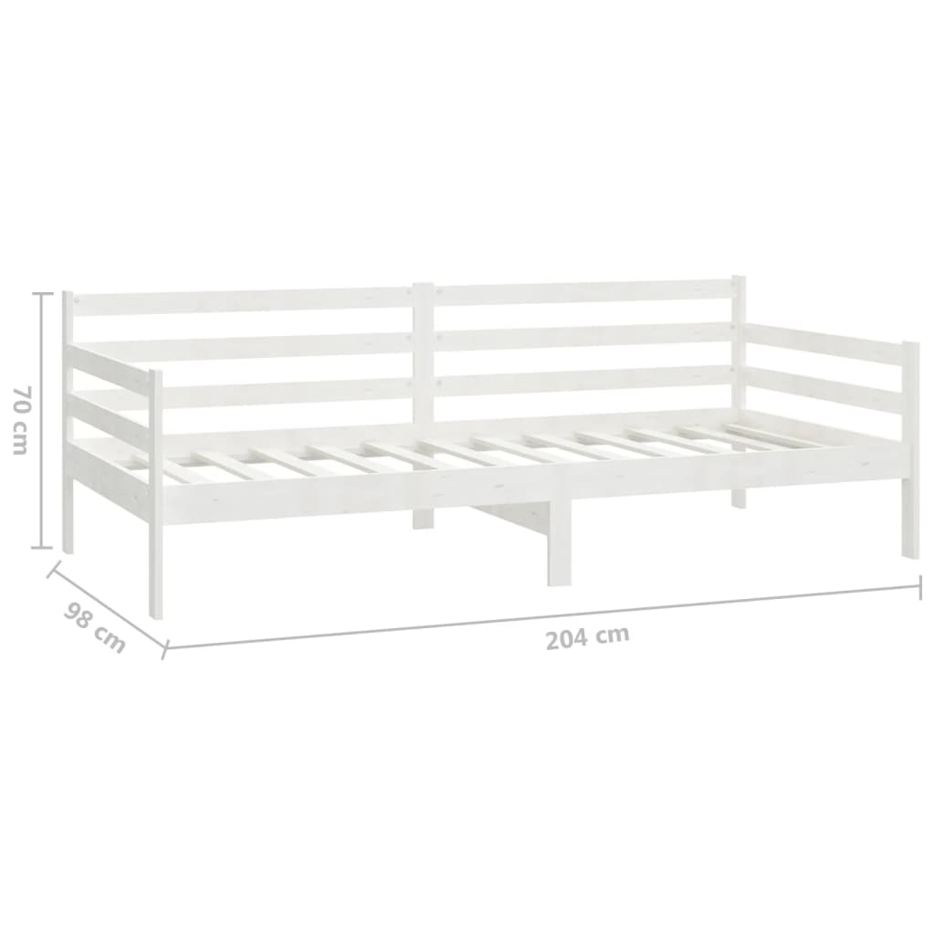 White wooden day bed without mattress, solid pine, slatted design, dimensions 204x98x70 cm, perfect for lounge and guest accommodation.