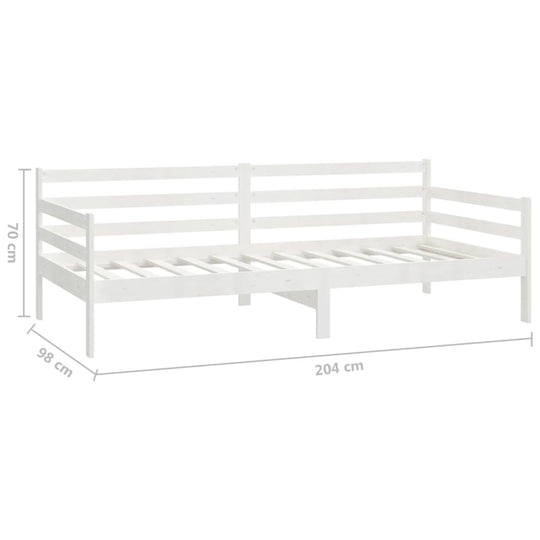 White wooden day bed without mattress, solid pine, slatted design, dimensions 204x98x70 cm, perfect for lounge and guest accommodation.