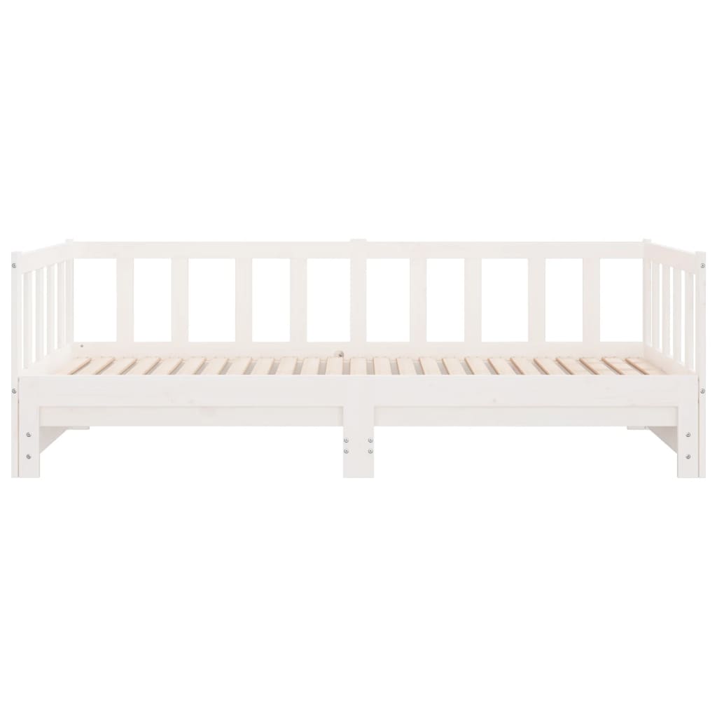 White pull-out day bed made of solid pine wood, featuring a slatted design for durability and style, perfect for lounge or bedroom use.