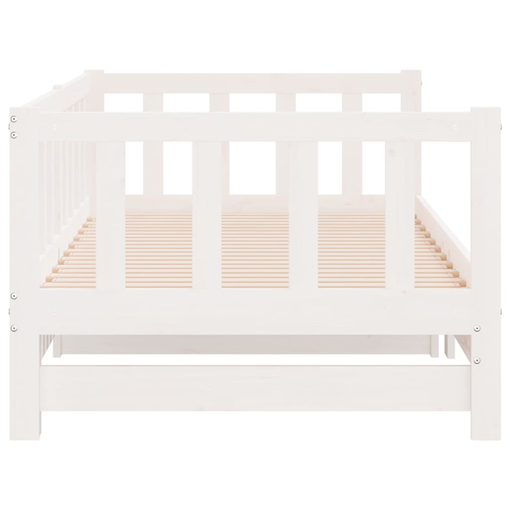 Pull-out day bed in white, made of solid pine wood, featuring a slatted design suitable for bedroom or living room use.