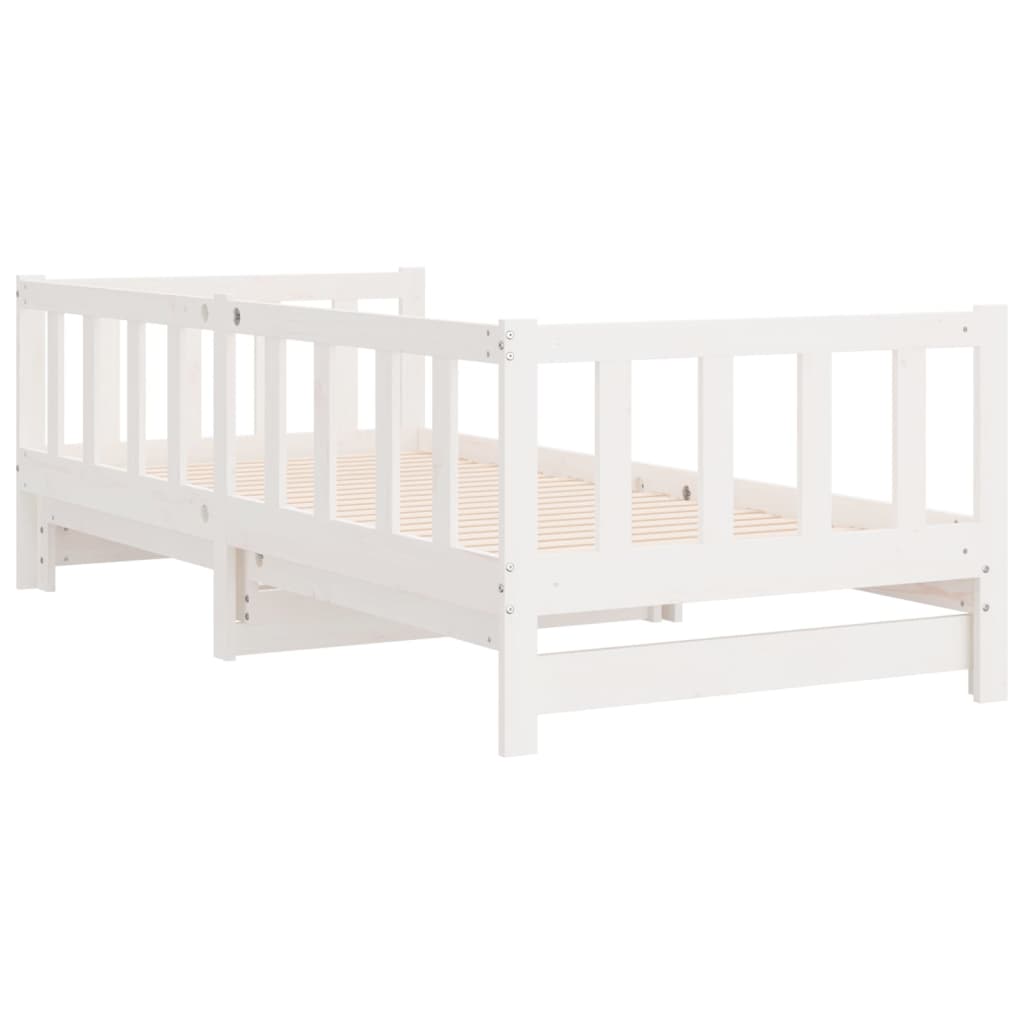 White pull-out day bed without mattress, solid pine wood slatted base, versatile for bedroom or living room use.