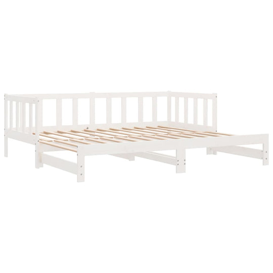 Pull-out day bed in white, made of solid pine wood, versatile for bedroom or living room use as a sofa or guest bed.