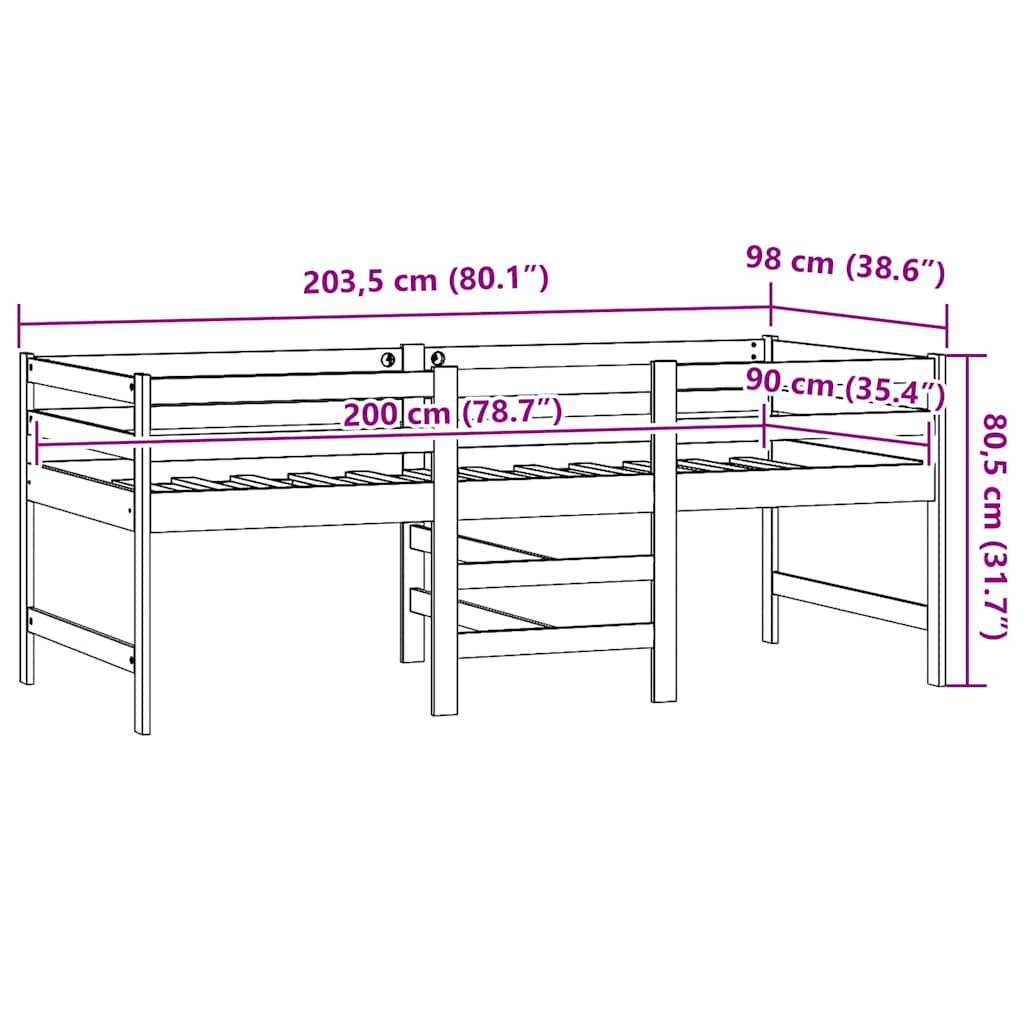 Dimensions diagram of a white solid pine bed frame, 90x200 cm, ideal for small rooms and growing teens, with measurements labeled.