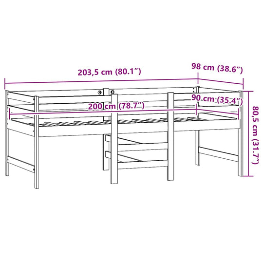 Dimensions diagram of a white solid pine bed frame, 90x200 cm, ideal for small rooms and growing teens, with measurements labeled.