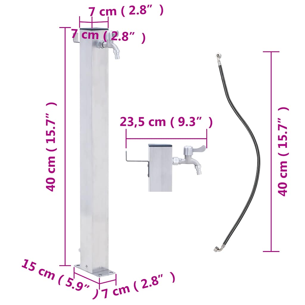 Garden Water Column Stainless Steel Square with faucet and dimensions for outdoor watering.