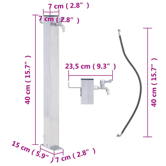 Garden Water Column Stainless Steel Square with faucet and dimensions for outdoor watering.
