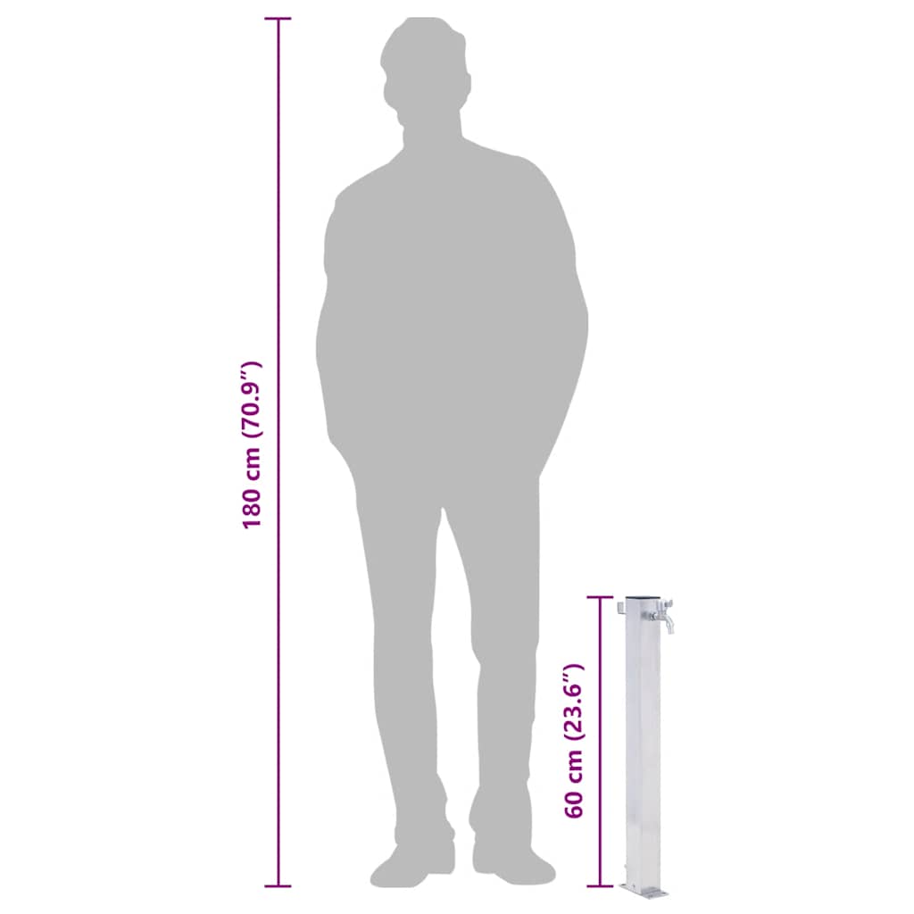 Garden Water Column – Stainless Steel Square Dubai dimensions with height of 180 cm and width of 60 cm, including a standing faucet.