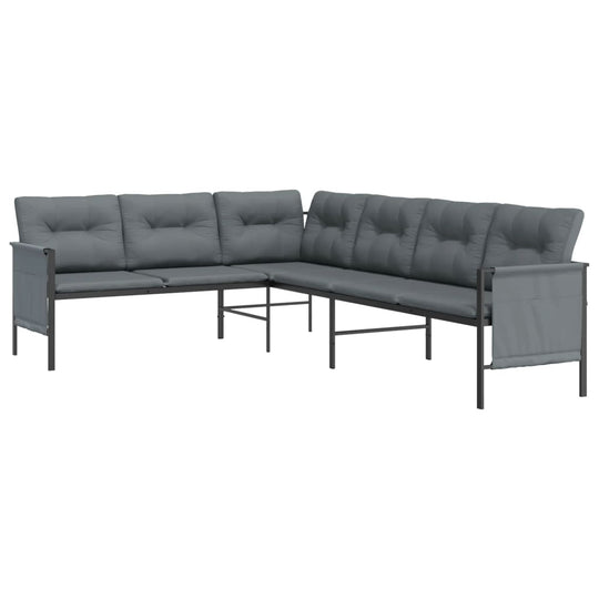 Comfortable L-shaped garden sofa with plush cushions and sturdy steel frame in dark gray color.