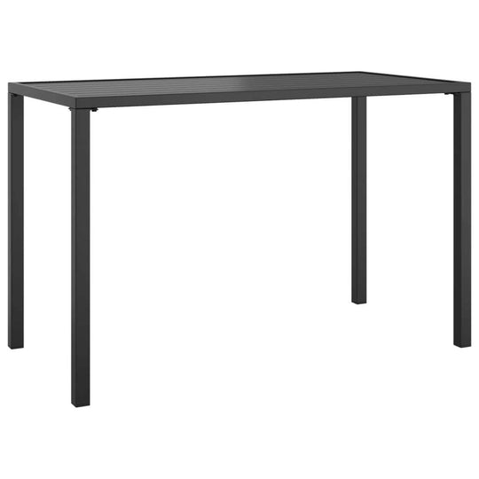 Modern anthracite steel garden dining table with a sturdy slatted top and stable frame for outdoor use.