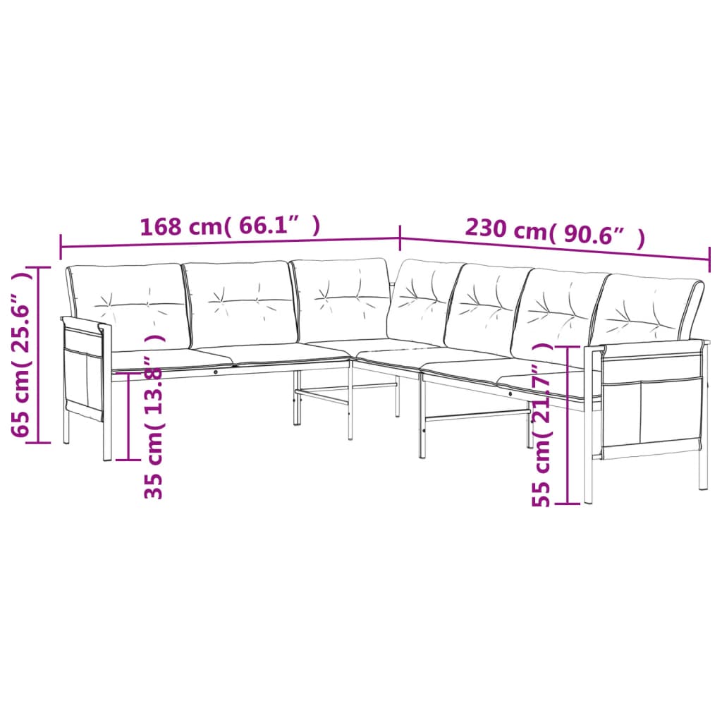 Dimensions of a sectional garden sofa set, showing length, width, and height measurements for clear sizing information.