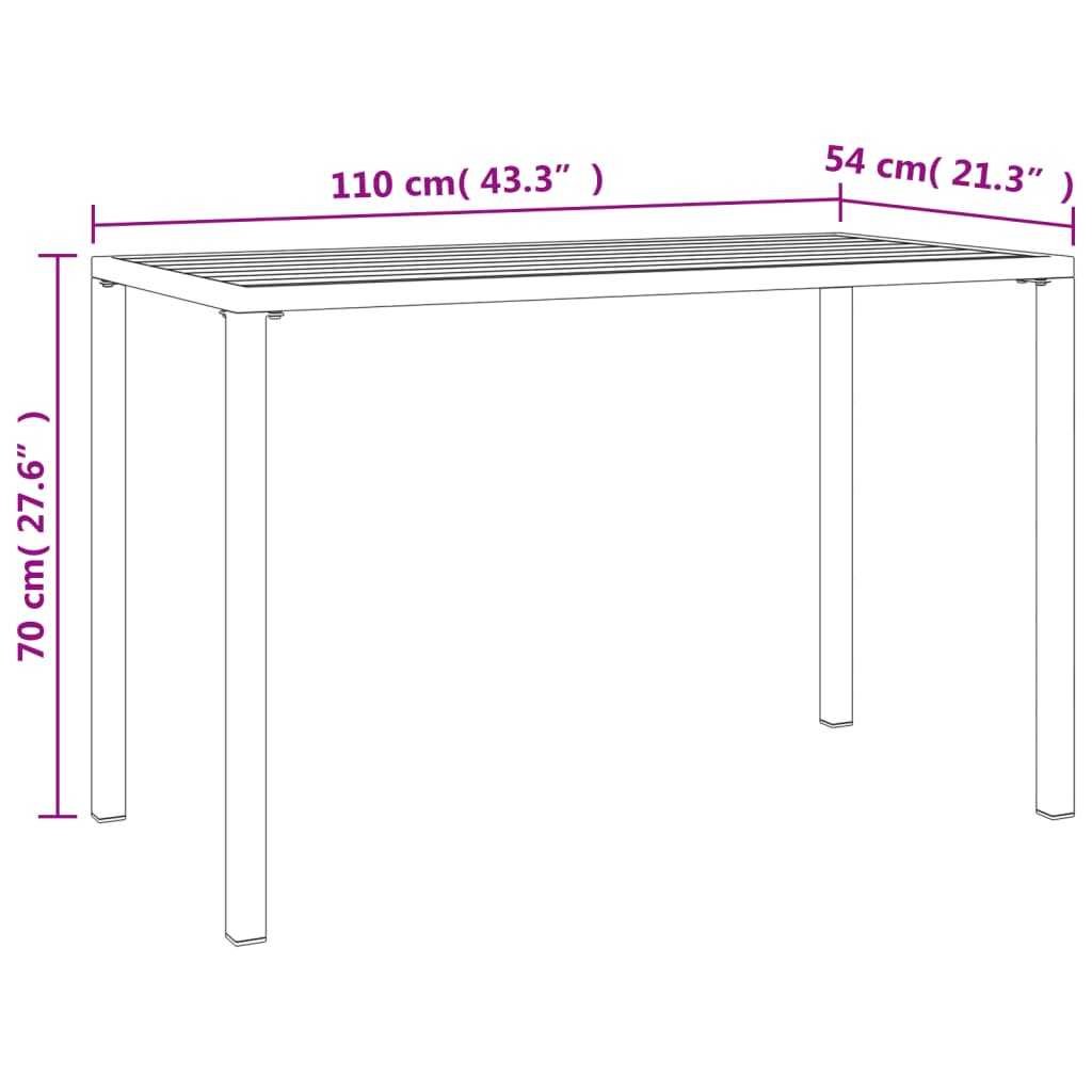 Dimensions of an anthracite steel garden dining table, measuring 110 cm x 54 cm x 70 cm. Perfect for outdoor settings.