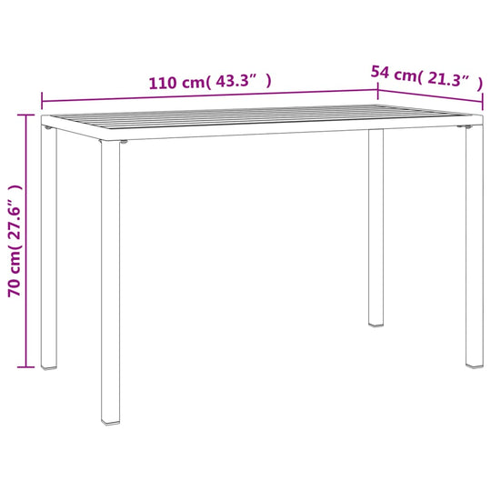 Dimensions of an anthracite steel garden dining table, measuring 110 cm x 54 cm x 70 cm. Perfect for outdoor settings.