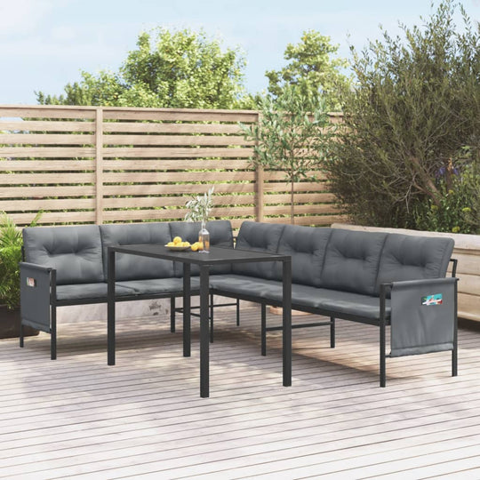 2 Piece garden dining set in anthracite steel featuring comfortable seating and a stable frame on a wooden deck.