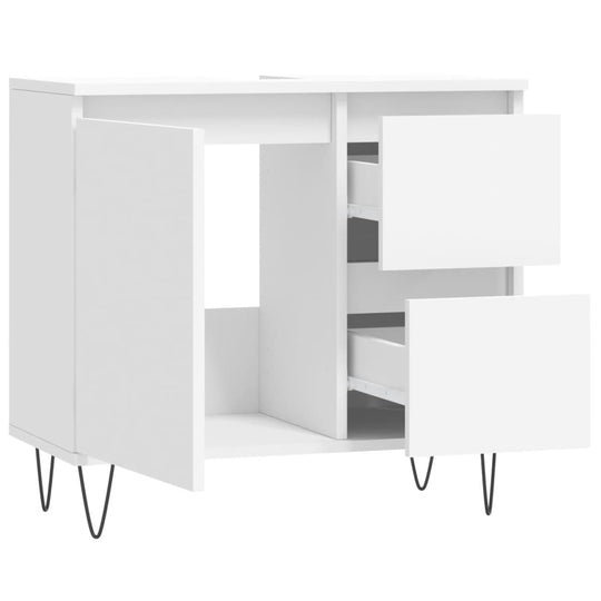 White bathroom cabinet with 1 door compartment and 2 drawers, made of engineered wood; stylish and moisture-resistant furniture.