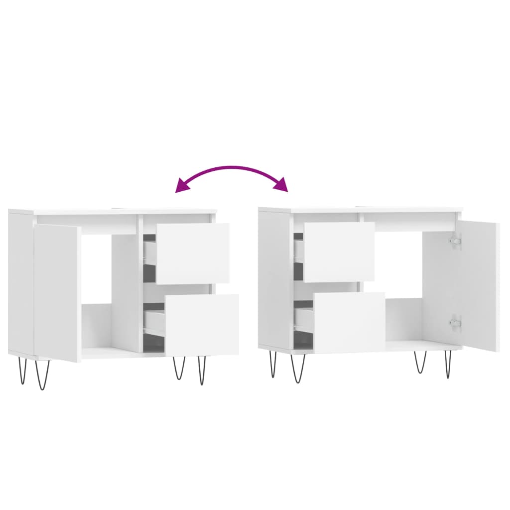 Bathroom cabinet in white with door and drawers, showcasing storage options and sleek design for modern bathrooms.