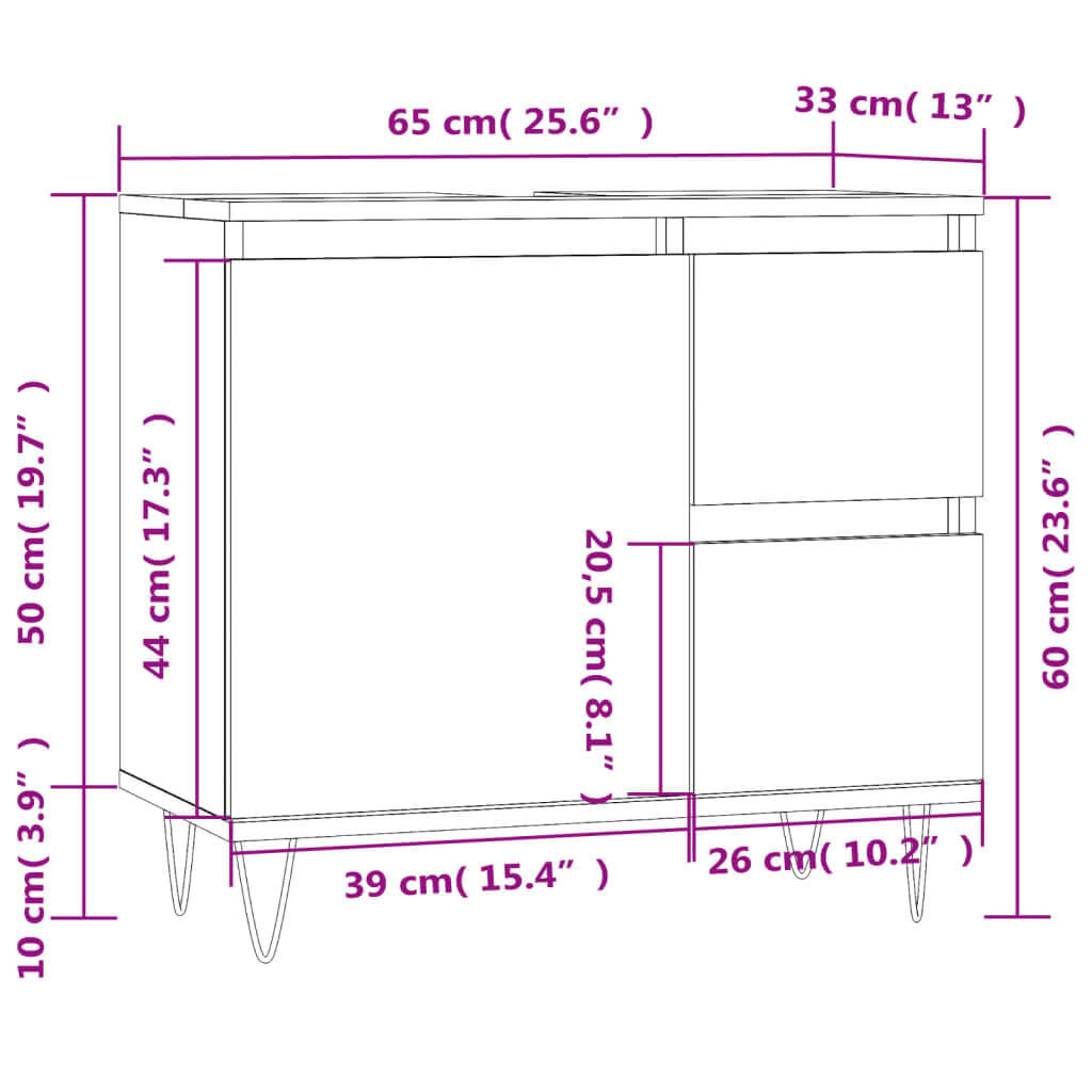 Bathroom cabinet dimensions in engineered wood, 65x33x60 cm, featuring 1 door compartment and 2 drawers for ample storage.