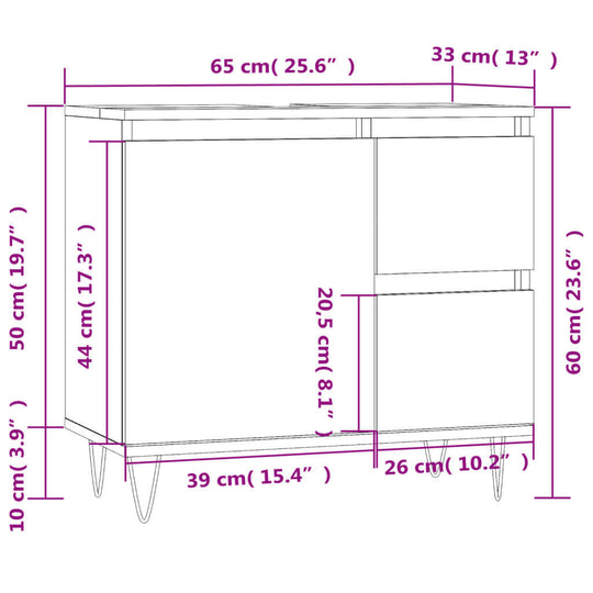 Bathroom cabinet dimensions in engineered wood, 65x33x60 cm, featuring 1 door compartment and 2 drawers for ample storage.