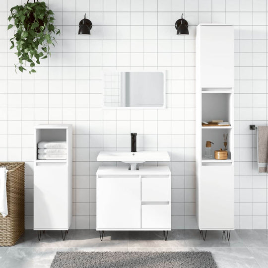 Modern white bathroom cabinet with ample storage, featuring a sink and mirror, enhancing a tidy appearance in a stylish setting.