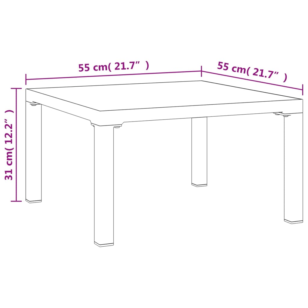 Dimensions of the 3 Piece Garden Lounge Set and Grey Poly Rattan table, measuring 55 cm by 55 cm by 31 cm.