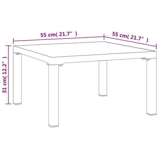 Dimensions of the 3 Piece Garden Lounge Set and Grey Poly Rattan table, measuring 55 cm by 55 cm by 31 cm.