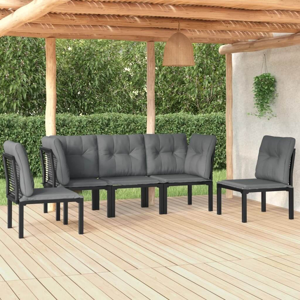 Grey 5-piece garden lounge set with poly rattan frame on a wooden patio, ideal for outdoor living spaces and home garden furniture.