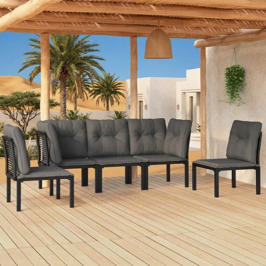  Grey 5-piece garden lounge set with poly rattan frame on a wooden patio, ideal for outdoor living spaces and home garden furniture.